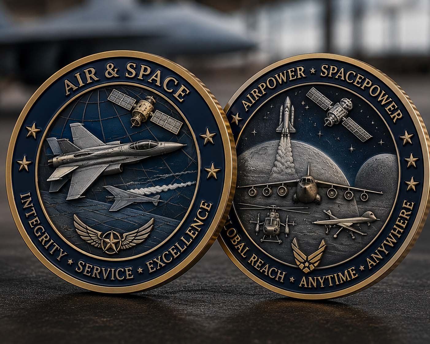 Custom Air & Space Challenge Coins by Challenge Coin Works featuring aircraft, satellites, and aerospace designs