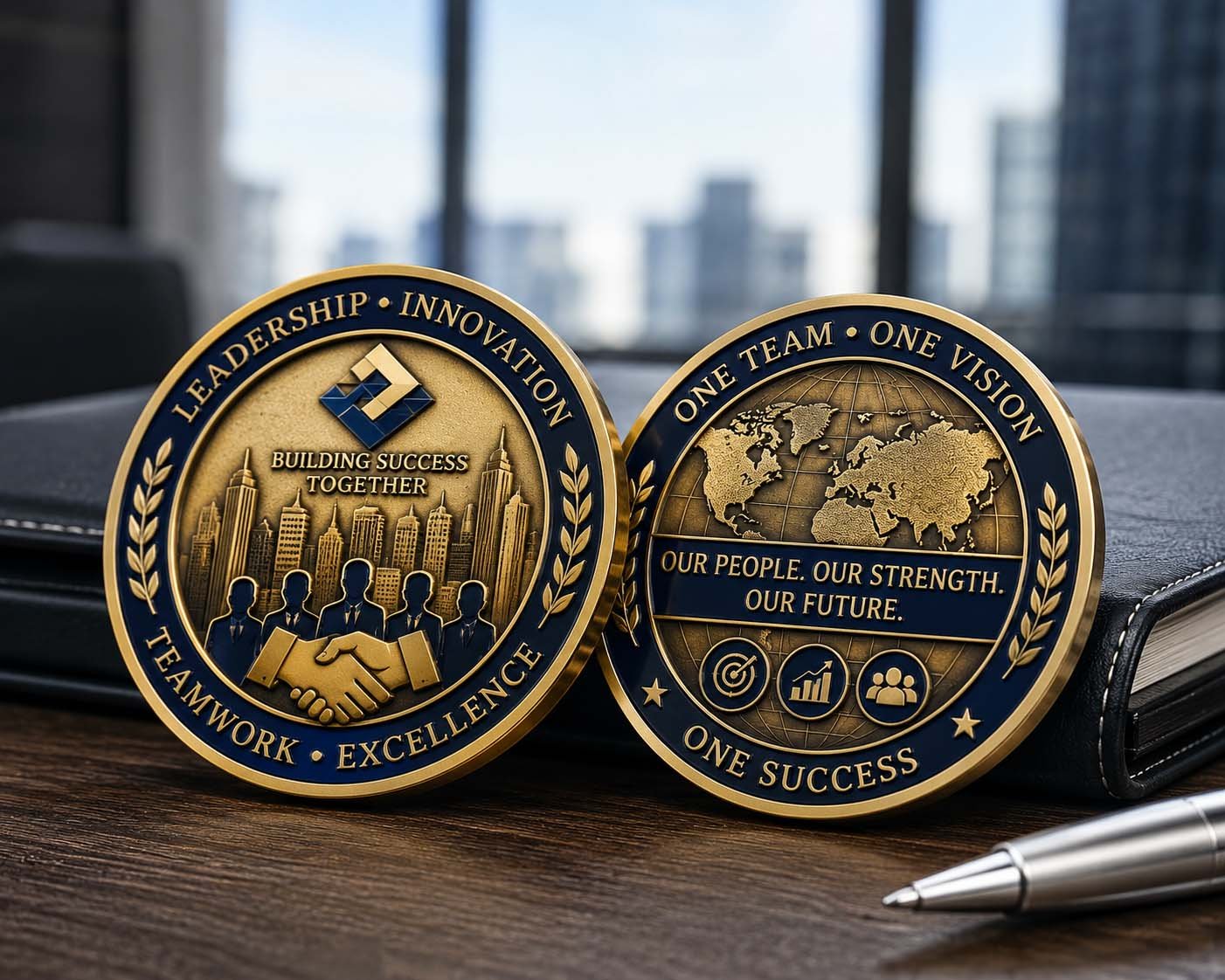 Custom Corporate Challenge Coins by Challenge Coin Works for employee recognition, team awards, and company branding