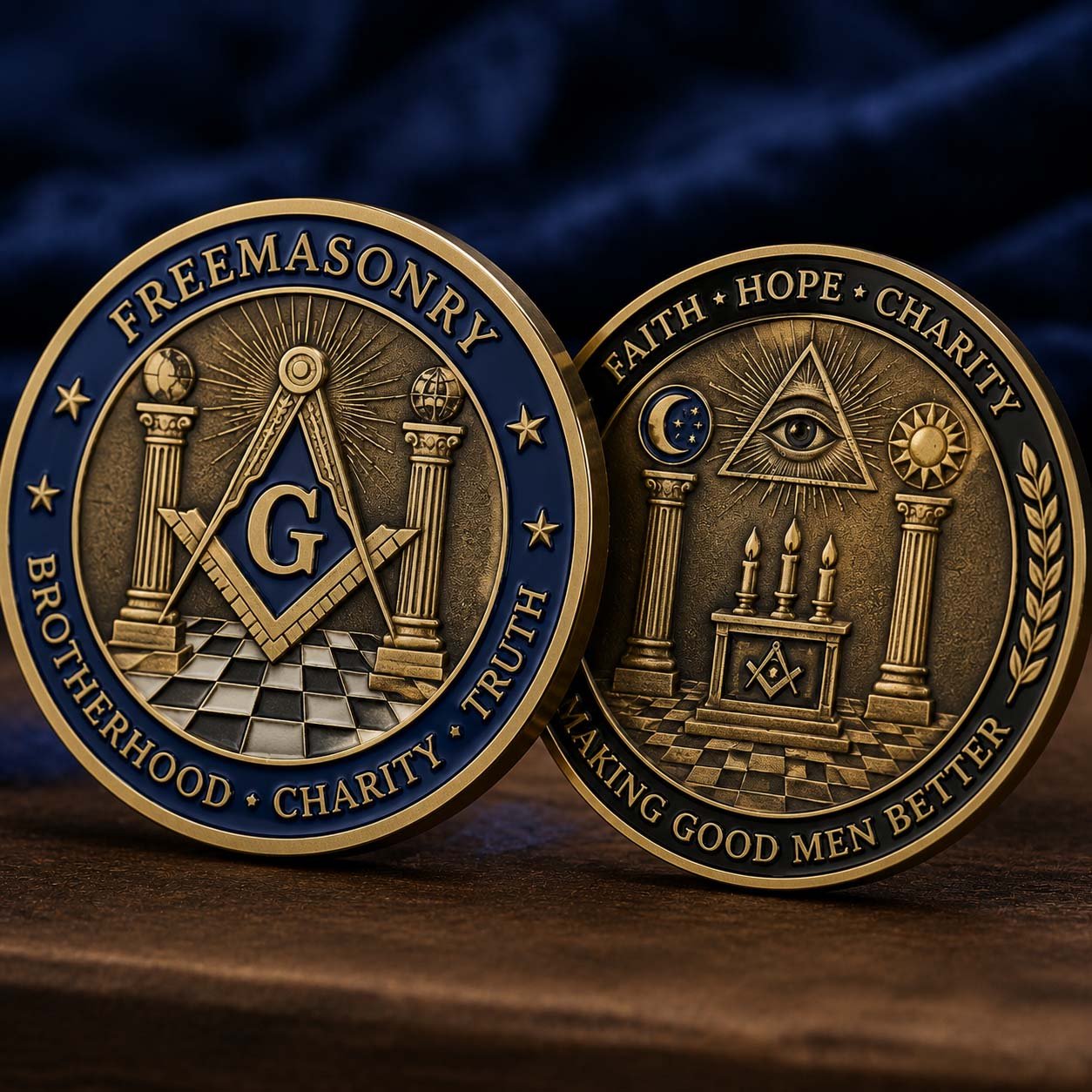 Custom Masonic Challenge Coins by Challenge Coin Works featuring Freemasonry symbols and detailed metal designs
