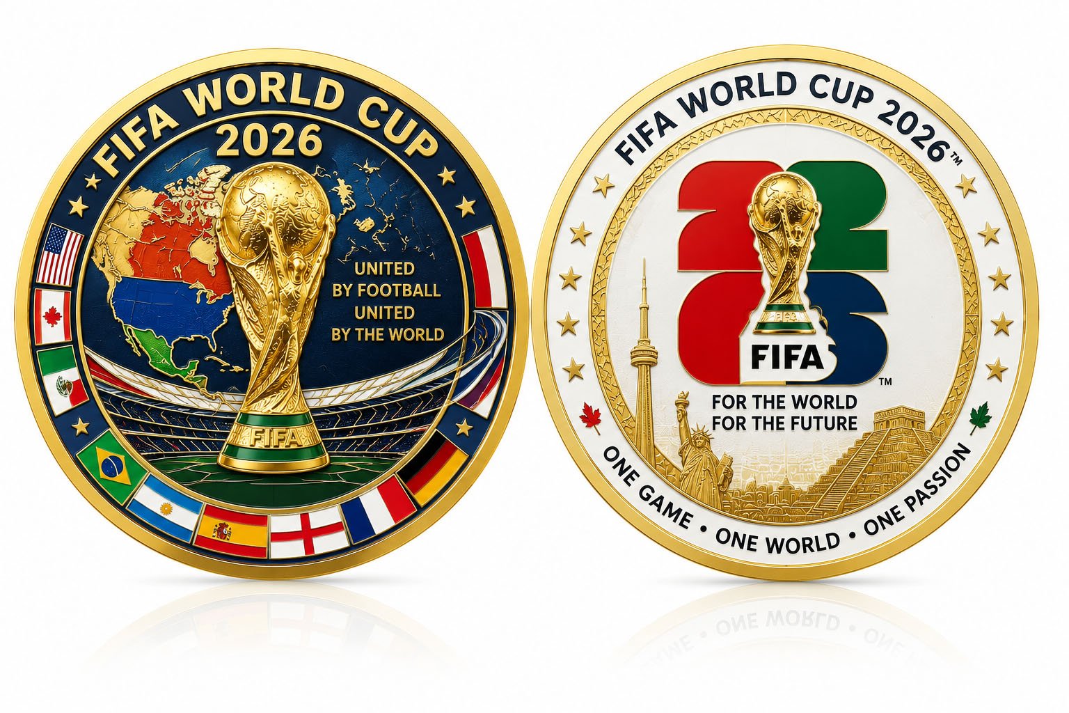 FIFA World Cup 2026 custom challenge coin double-sided design featuring gold trophy, world map, and national flags commemorative metal coin